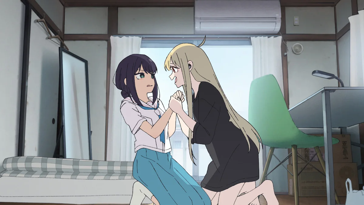 Iroha and Kaguya holding hands in Iroha's small apartment