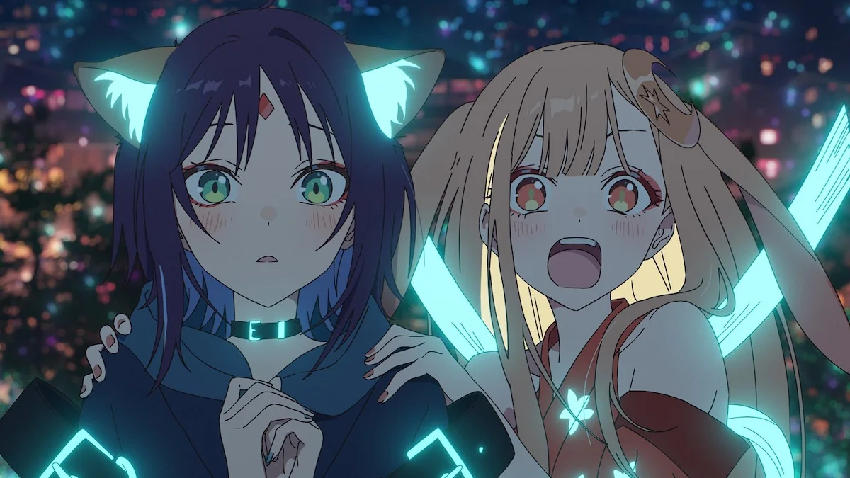 Iroha and Kaguya standing together in the virtual world of Tsukuyomi