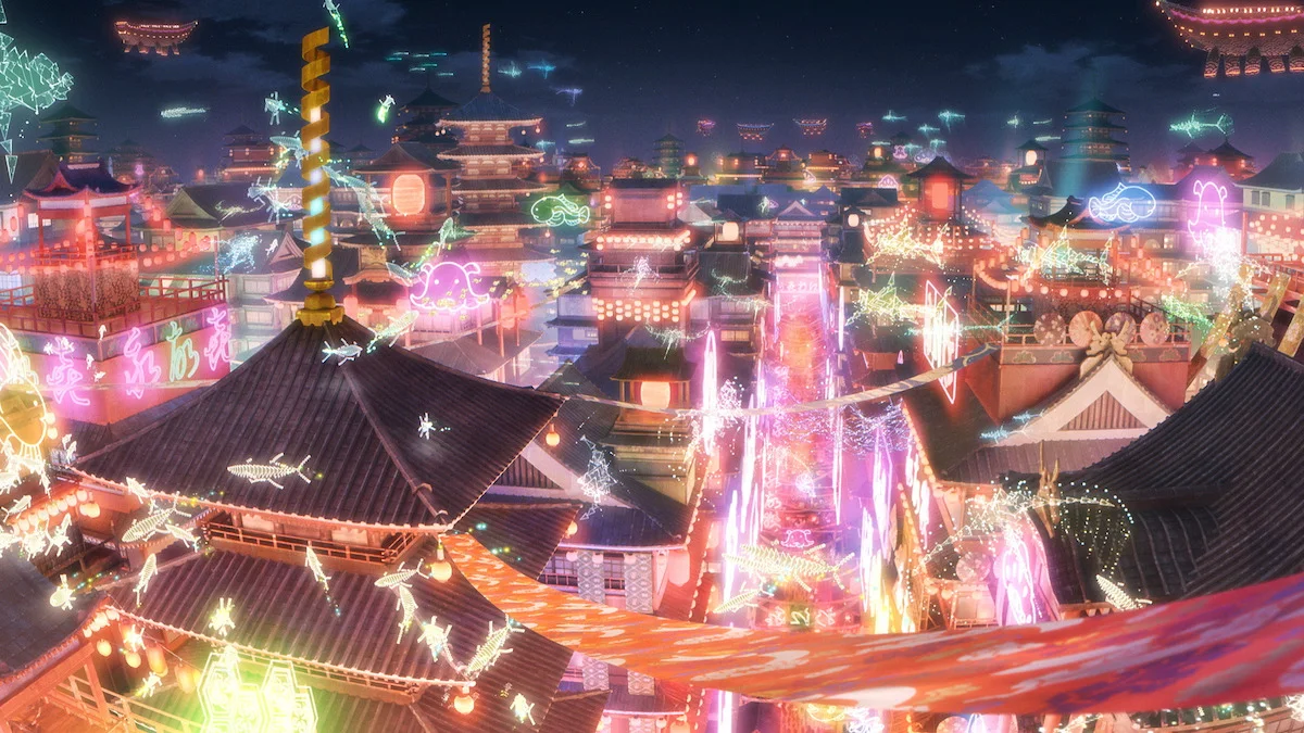 The neon-lit streets and traditional rooftops of Tsukuyomi