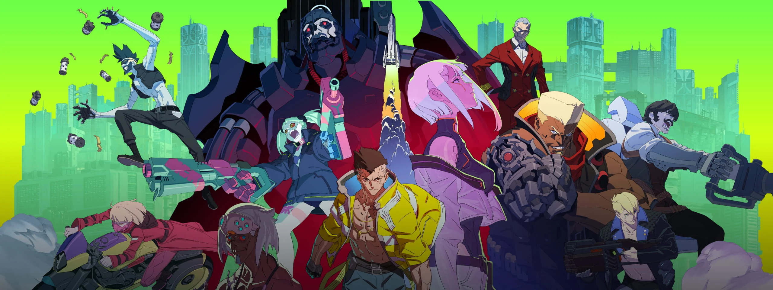 David, Lucy, and the cast of Cyberpunk: Edgerunners